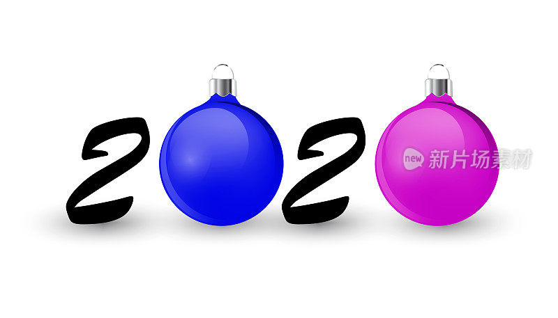 新年快乐设计的庆祝卡，节日问候，日历，旗帜与零制成的圣诞球，现实的蓝色和粉红色的小玩意儿和2020号。排版图形eps 10矢量插图